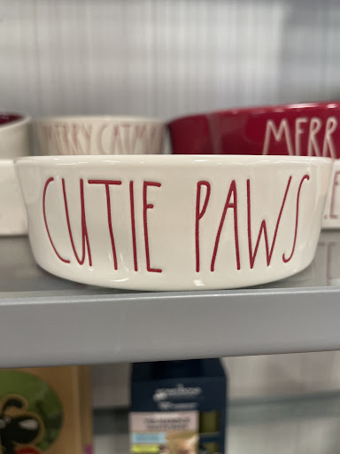 glass red and white dog bowl