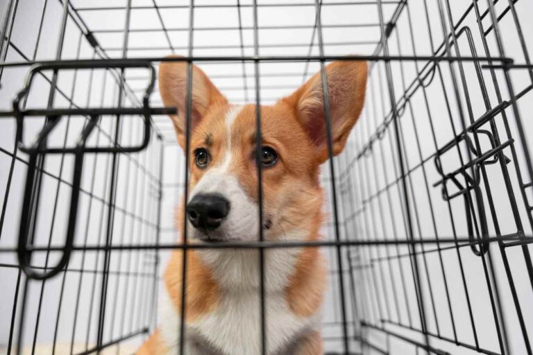 Corgi in Dog Crate. Feeding Your Puppy in the Crate